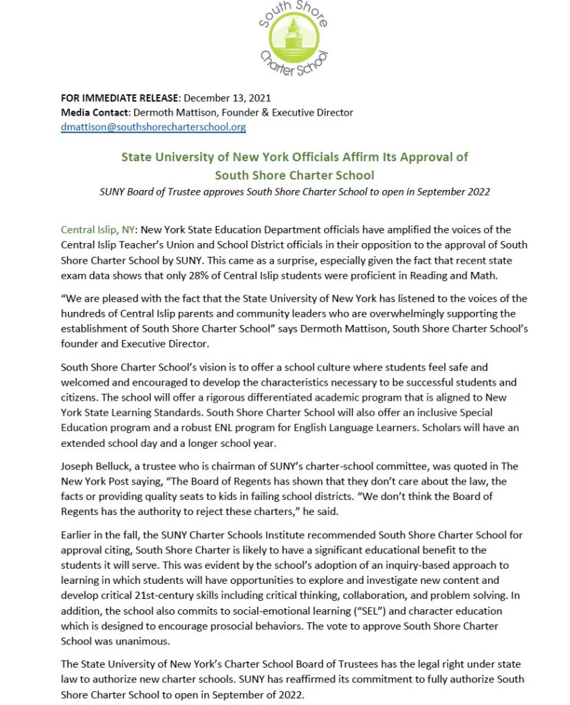 South Shore Charter School Press Release - December 13, 2021